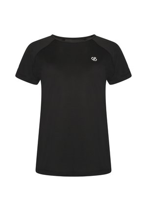 Schwarzes sportliches T-Shirt mit kurzen Ärmeln, rundem Halsausschnitt und strukturiertem Finish. Verfügt über ein kleines Logo auf der Brust und Netzdetails an den Schultern.