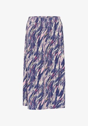 Jupe maxi avec une base bleu marine, ornée d'un motif tourbillonnant en rose, blanc et or. Fabriquée en tissu doux et texturé avec une taille élastique.