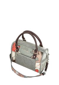 Borsa a tracolla grigia e multicolore con motivi stampati, dettagli in pelle, doppi manici e una tracolla staccabile. Scomparti con zip.