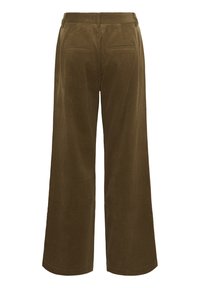 Hnedé kordrové nohavice s širokými nohavicami a vysokým pásom, s dvoma zadnými vreckami a textúrovaným povrchom.