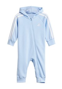 Light blue zip-up onesie made of soft fabric, featuring a hood, ribbed cuffs, and white stripes along the shoulders, with a small logo on the chest.