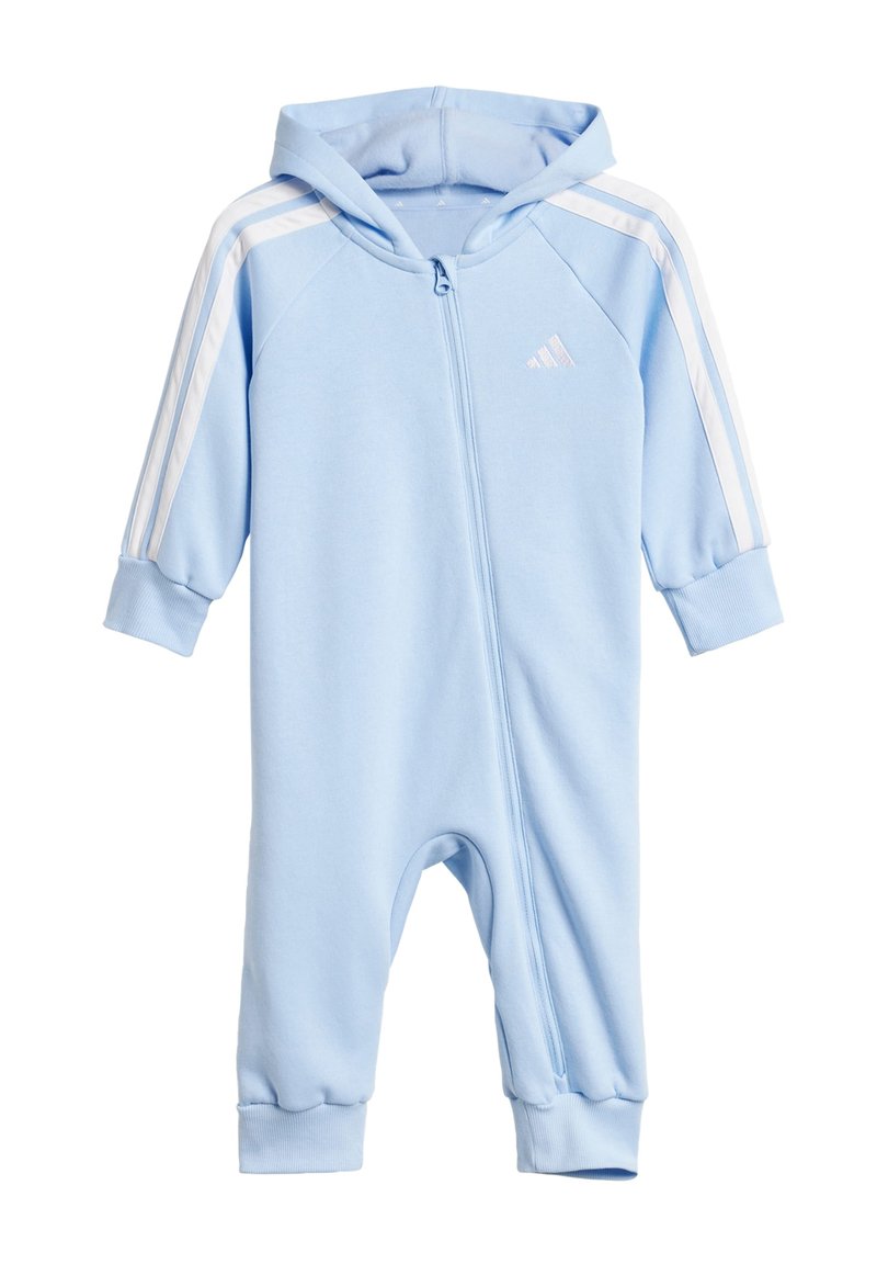 Light blue zip-up onesie made of soft fabric, featuring a hood, ribbed cuffs, and white stripes along the shoulders, with a small logo on the chest.