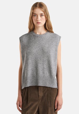 Pull sans manches gris clair en tissu tricoté avec un ourlet côtelé. Doté d'un col rond et d'une coupe décontractée, idéal pour le superposition.