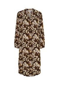 Brun og creme blomster mønstret kjole, knælang, lange ærmer, v-udskæring, blødt stof, let indsnøring ved ærmekanter.