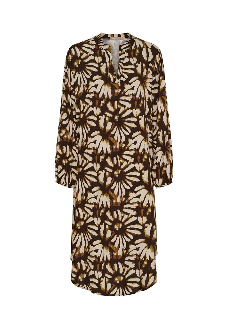 Brun og creme blomster mønstret kjole, knælang, lange ærmer, v-udskæring, blødt stof, let indsnøring ved ærmekanter.