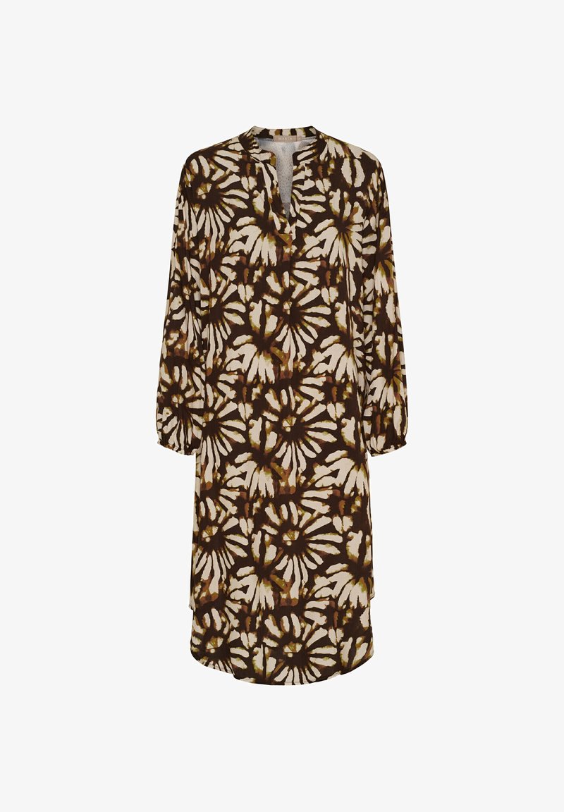 Brun og creme blomster mønstret kjole, knælang, lange ærmer, v-udskæring, blødt stof, let indsnøring ved ærmekanter.