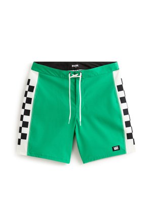 Groene zwembroek met witte zijpanelen met een zwart dambordpatroon. Inclusief een trekkoord in de taille en een logopatch.