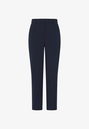 Tumši zili bikses no gludas auduma, ar taisnām kājām un jostasvietu ar jostas cilpām. Nav redzamas metāla detaļas vai raksti.