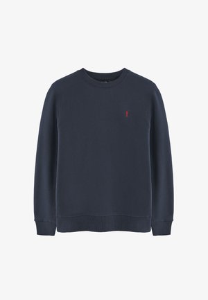 Navy sweatshirt made of soft fabric with a crew neckline, ribbed cuffs, and hem, featuring a small red logo on the chest.