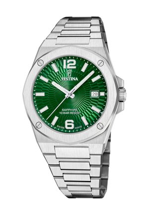 Silver metal Festina wristwatch with green textured dial, white hour markers, date display, and three hands showing 10:10:35 time.