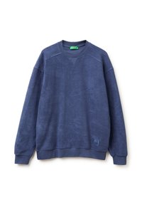 Sudadera marina hecha de tejido texturizado con cuello redondo, puños acanalados y un parche de logo en la parte inferior izquierda. Presenta mangas raglán.