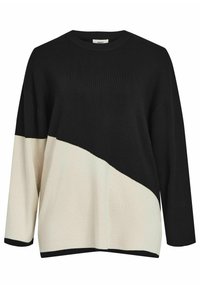 Maglione oversize a blocchi di colore nero e crema con scollo rotondo e maniche a tre quarti, caratterizzato da una superficie a maglia liscia.