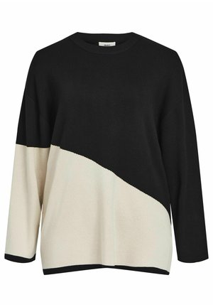 Sort og creme farveblokeret oversized sweater med rund halsudskæring og trekvartærmer, der har en glat strikket tekstur.