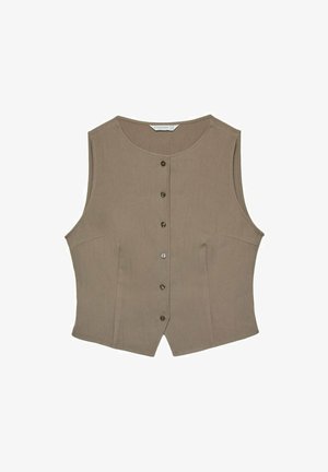 Brązowa bezrękawnikowa bluzka z okrągłym dekoltem, pięcioma guzikami z przodu i dopasowanym fasonem. Wykonana z gładkiego materiału o subtelnej teksturze.