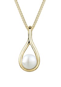 Goldkette mit einem Tropfendesign, das eine zentrale weiße Perle zeigt. Die Kette ist geflochten und strukturiert.