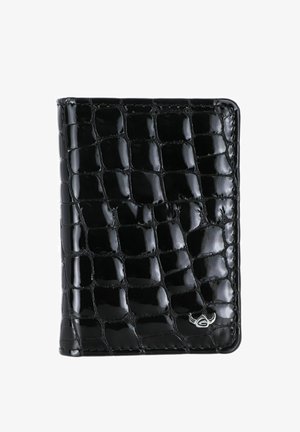 Portefeuille noir brillant avec motif de texture crocodile et petit logo métallique dans le coin inférieur droit, présenté fermé sur fond blanc.