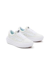 White sneakers with a textured suede and patterned upper. Rubber sole, round toe, and white laces. Light blue interior accents.