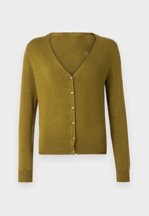 Olivengrøn cardigan med V-hals, knapper foran og lange ærmer. Blød tekstur med ribstrikkede manchetter og kant.