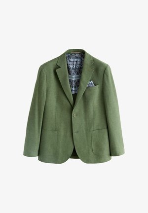 Grøn herreblazer med to forlommer med påsyede lapper, lukning med enkelt knap og mønstret blå- og hvidforsidefoder samt lommetørklæde.
