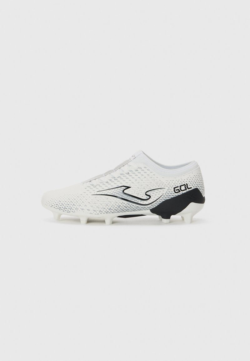White soccer cleat with a textured upper, featuring black accents and a distinctive logo. Six molded studs at the sole for traction.