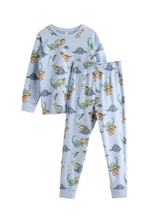 Lichtblauw longsleeve-shirt en broek met elastische taille, bedekt met kleurrijke cartoon dinosauruspatronen in groen, oranje, paars en beige.