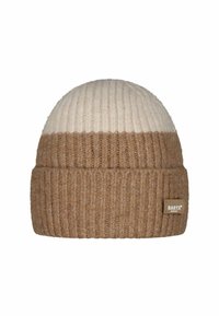 Brown and cream knit beanie with ribbed texture, a folded brim, and a tan label featuring the brand name.