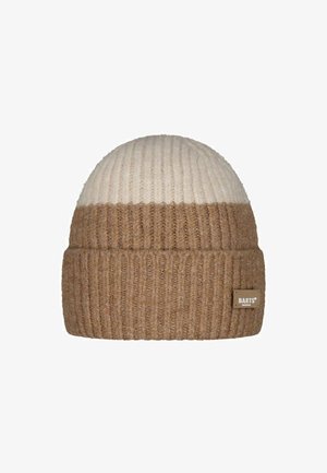 Brown and cream knit beanie with ribbed texture, a folded brim, and a tan label featuring the brand name.