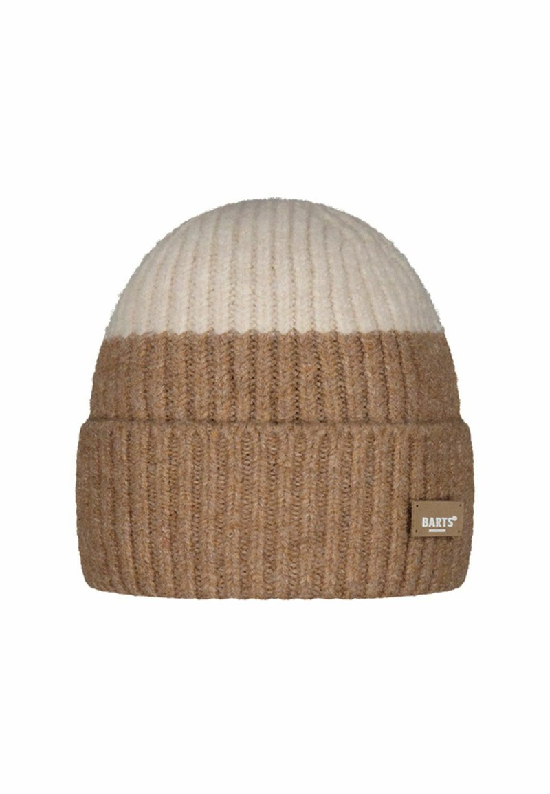 Brown and cream knit beanie with ribbed texture, a folded brim, and a tan label featuring the brand name.