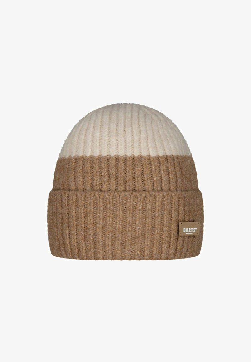 Brown and cream knit beanie with ribbed texture, a folded brim, and a tan label featuring the brand name.
