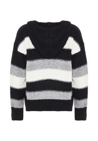 Zwart, wit en grijs gestreepte gebreide hoodie met lange mouwen, geribbelde manchetten en een textuurpatroon, afgebeeld vanuit de achterkant.