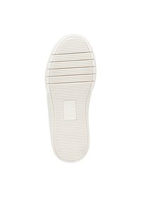 Suola in gomma bianca con scanalature e rilievi testurizzati. Presenta un'impronta del logo rettangolare al centro. Design pulito e minimalista.
