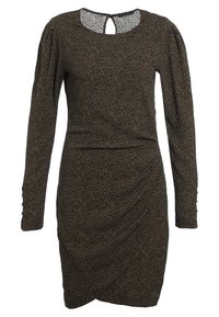 Robe imprimée léopard marron avec des manches longues, encolure ronde et détail en forme de clé à l'arrière. Présente une texture froncée au niveau de la taille.