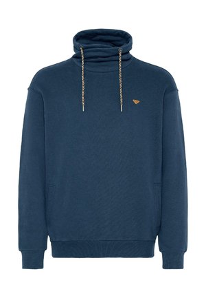 Mørkeblå sweatshirt med krave, struktureret stof, flettede snore og et lille logo på brystet. Har sidelommer.