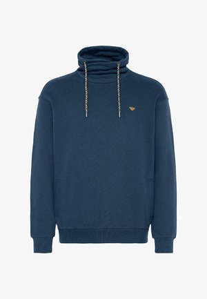 Granatowy sweatshirt z kołnierzem typu funnel, fakturowany materiał, plecione sznurki oraz małe logo na piersi. Posiada boczne kieszenie.