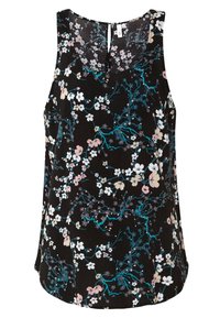 Top sin mangas negro con un estampado floral de flores rosas y blancas, y ramas azules. Tejido ligero y suave con un escote redondeado.