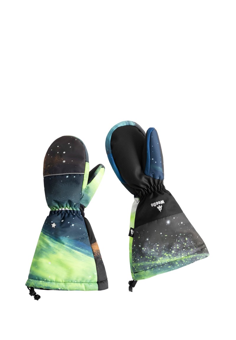 Brightly patterned mittens featuring a cosmic design with green and blue hues, black accents, an elastic cuff, and adjustable drawstring.