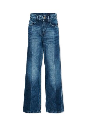 Jeans in denim blu a vita alta con gamba larga, dotati di tasche anteriori e posteriori, chiusura con bottoni e lievi dettagli sbiaditi.