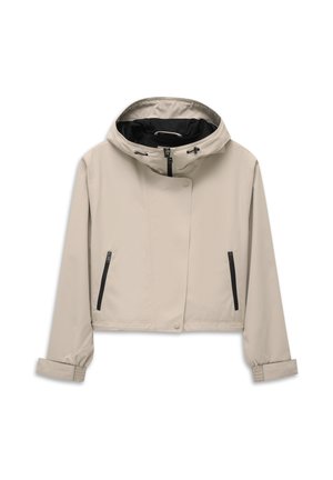 Beige cropped jacket with a hood, black zipper pockets, front zipper and snap button closure, and elastic cuffs on the sleeves.