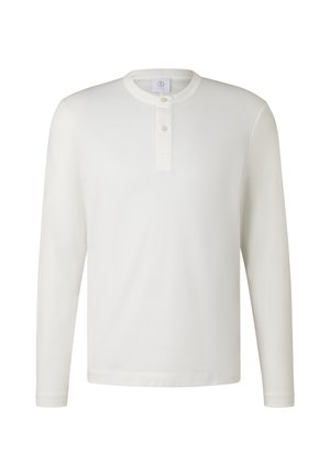 Long-sleeve white henley shirt made from cotton, featuring a round neckline, three-button placket, and a soft, smooth texture.