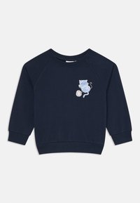 Sudadera azul marino con mangas raglán, que presenta un gráfico de un gato azul claro y un diseño de bola en la parte frontal, fabricada con material de algodón suave.