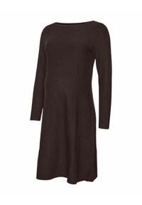 Tumšas brūnas krāsas garroku grūtnieču kleita ar apaļu kakla izgriezumu, izpletušos siluetu un sānu spraugām ērtībām un vieglai pārvietošanai.