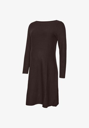 Robe de maternité à manches longues en marron foncé, dotée d'un col rond, d'une silhouette évasée et de fentes latérales pour plus de facilité et de confort.