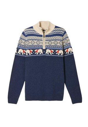 Marineblauer Strickpullover mit einem Reißverschlusskragen, der eine gemusterte Passe in Creme, Blau und Rot zeigt, mit Abbildungen von Eisbären und geometrischen Designs.