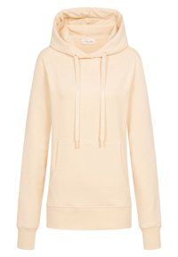 Felpa beige in cotone con una grande tasca frontale, coulisse per il cappuccio e polsini a coste alle maniche e all'orlo.