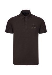 Braunes Poloshirt aus Baumwolle mit klassischem Kragen, drei Knöpfen und einem dezenten, in Gold gestickten Logo auf der linken Brustseite.
