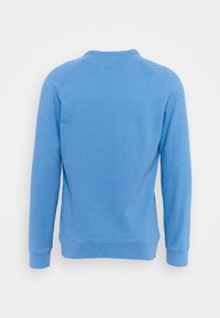 Sweatshirt bleu clair à manches longues avec poignets et ourlet côtelés, présenté de dos sur un fond blanc uni.