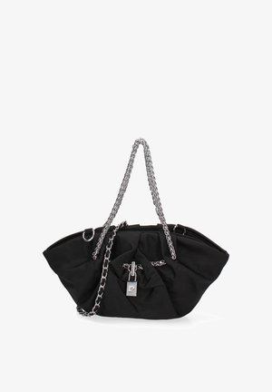 Black soft fabric handbag with silver chain straps and a silver lock detail on the front center.