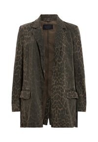 Leopardmönstrad kavaj i olivgrön, med skräddarsydd design, slagkrage och två framfickor. Tillverkad av ett texturerat tyg.