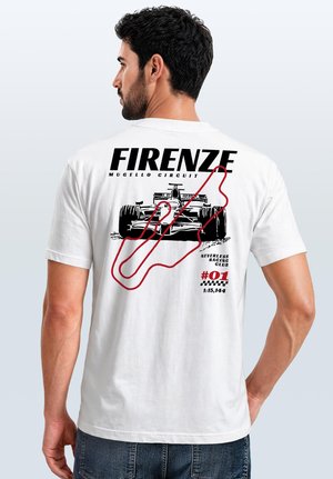 Man wearing white T-shirt with black race car and red track outline, text "Firenze Mugello Circuit" and racing club details on the back.