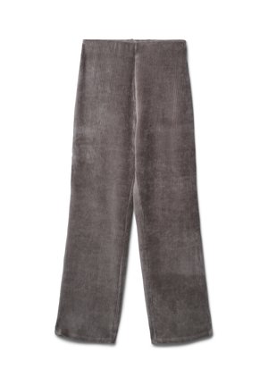 Pantaloni a gamba larga in corduroy grigio con texture rigata verticale, caratterizzati da una finitura liscia e un taglio dritto dalla vita all'orlo.